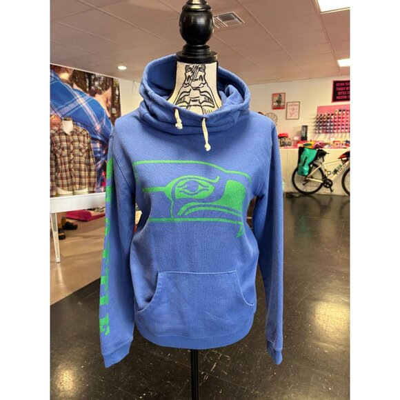 Vintage-Inspired Blue + Green Seattle Seahawks Funnel Neck Hooded Sweatshirt Jun - Picture 1 of 4
